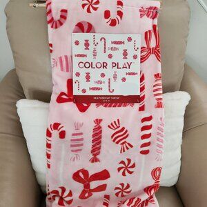 Pink Christmas Holiday Plush Throw Blanket-Candy Cane-Peppermint-Coquette Bow